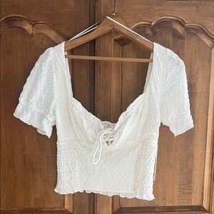 NWT Women’s Kirious Cropped Elegant White Lace Short Sleeve Top Size Large
